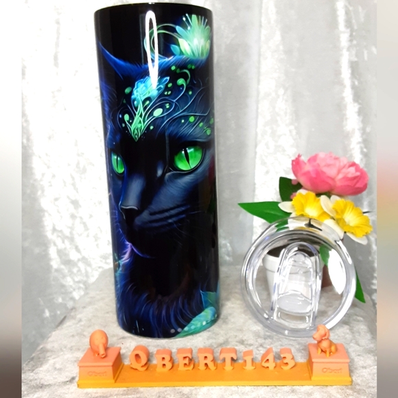Hand Crafted Other - Handmade Black Cat Thermal Tumbler 20 oz Black Teal Blue